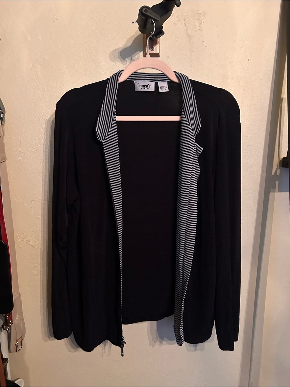 Chico's Black Open-Front Jacket with Black-and-White Striped Trim